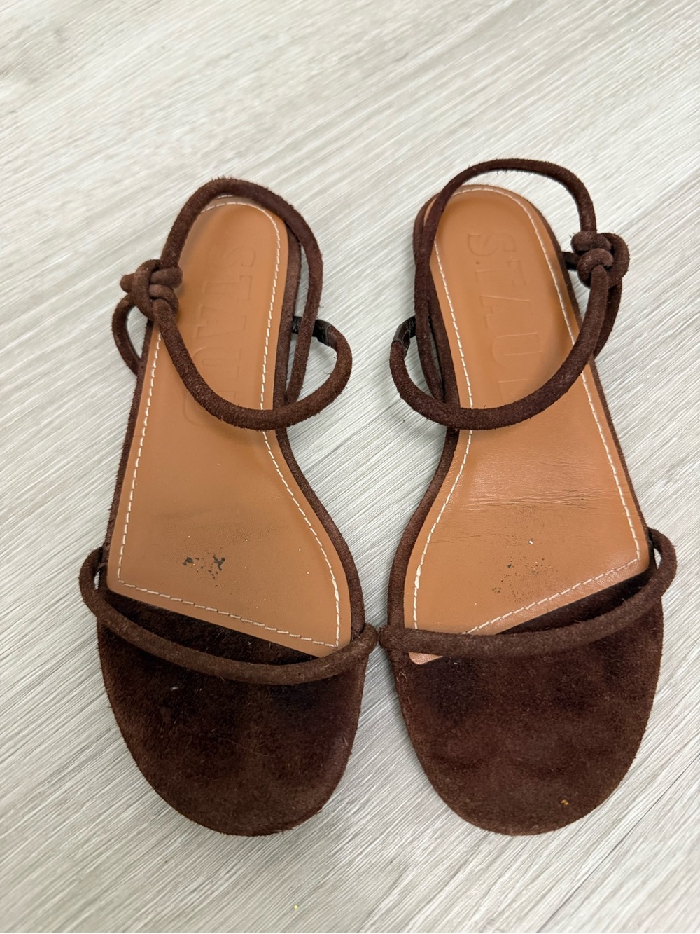 STAUD Brown Suede Knot-Strap Sandals